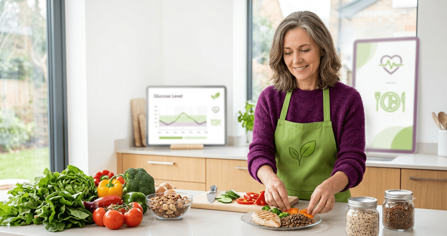 אישה מכינה ארוחה בריאה ומאוזנת כחלק משמירה על איזון הסוכר